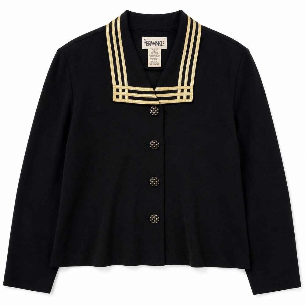 Vtg Periwinkle Black Gold Nautical Collar Button Front Jacket Blazer 12 Sailor